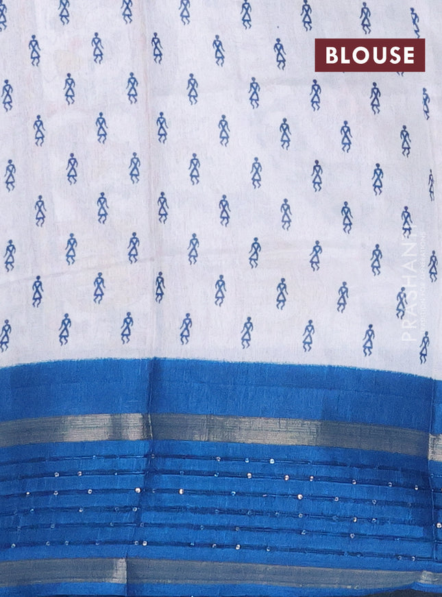Semi dola saree off white and cs blue with allover warli prints and zari woven sequin work border