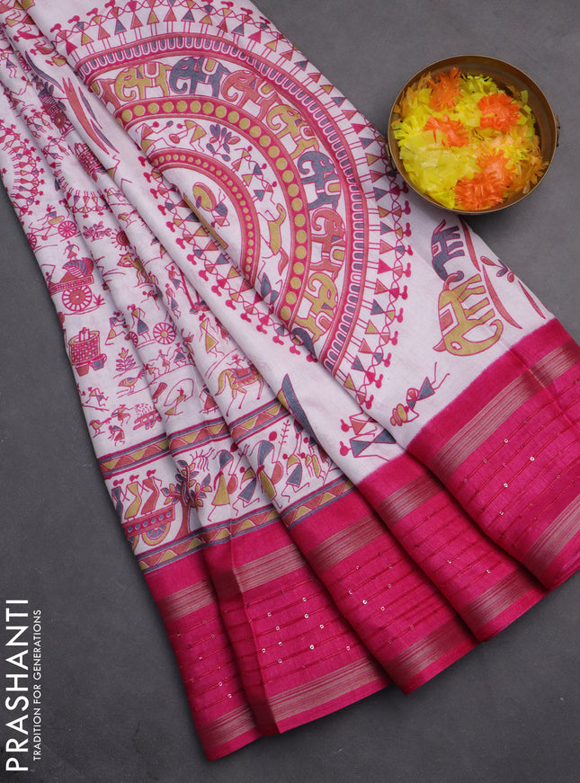 Semi dola saree off white and pink with allover warli prints and zari woven sequin work border