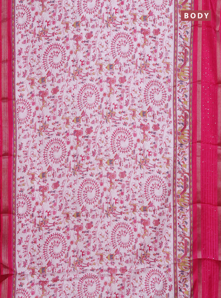Semi dola saree off white and pink with allover warli prints and zari woven sequin work border