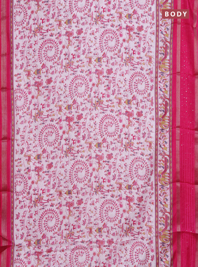 Semi dola saree off white and pink with allover warli prints and zari woven sequin work border