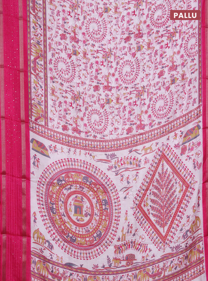 Semi dola saree off white and pink with allover warli prints and zari woven sequin work border