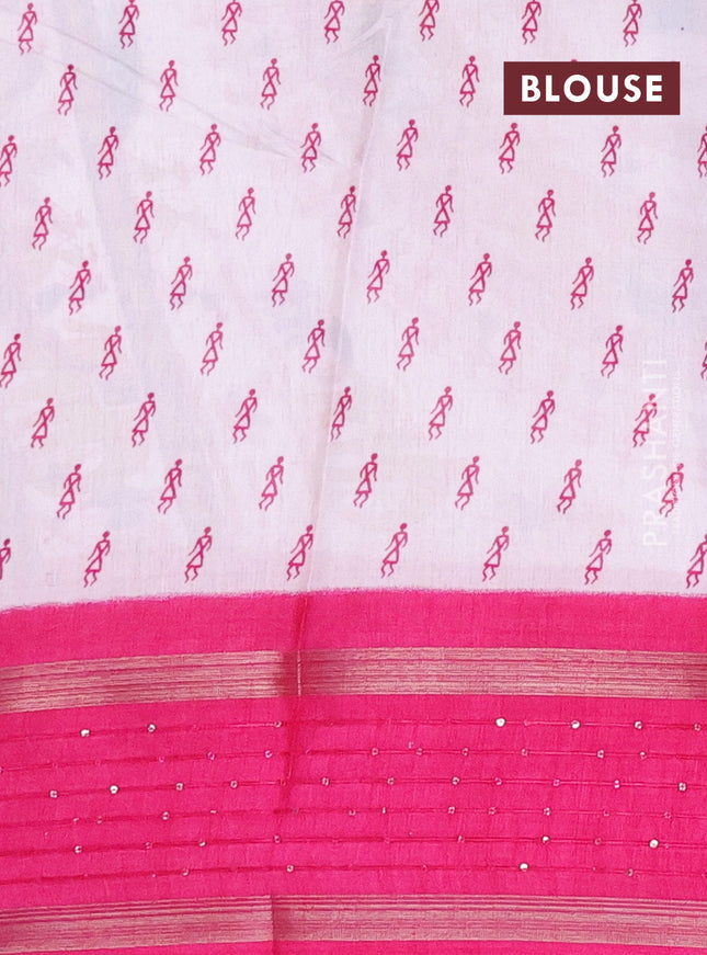 Semi dola saree off white and pink with allover warli prints and zari woven sequin work border