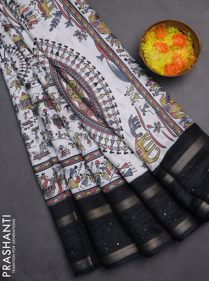 Semi dola saree off white and black with allover warli prints and zari woven sequin work border