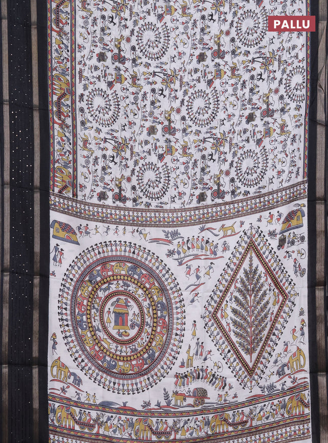 Semi dola saree off white and black with allover warli prints and zari woven sequin work border