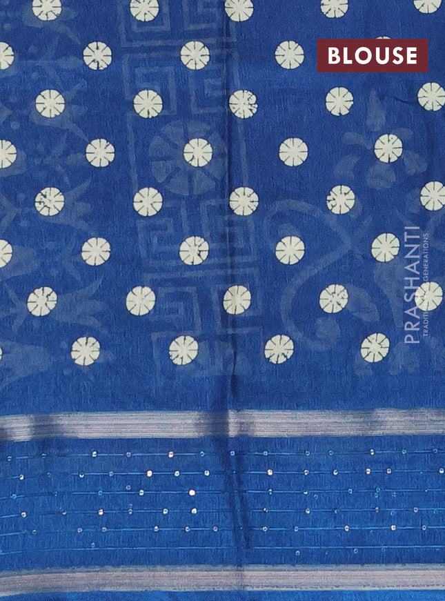 Semi dola saree peacock blue with allover geometric prints and zari woven sequin work border