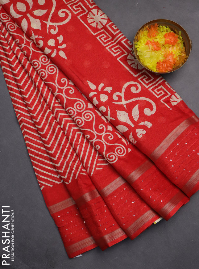 Semi dola saree red with allover geometric prints and zari woven sequin work border