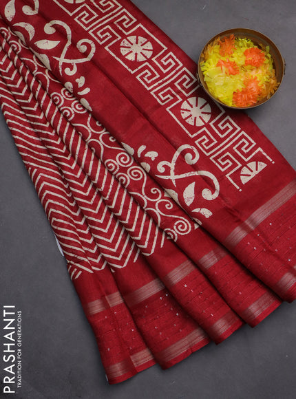 Semi dola saree maroon with allover geometric prints and zari woven sequin work border