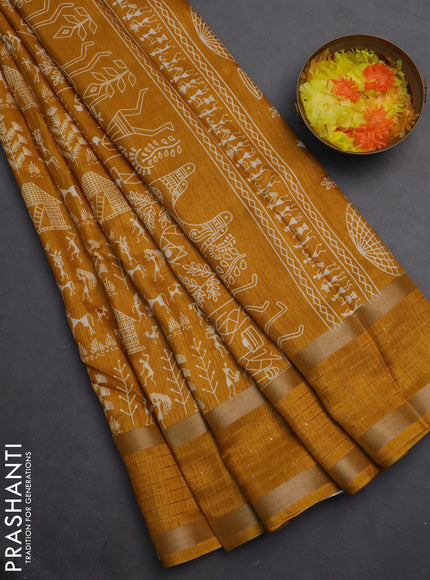 Semi dola saree mustard yellow with allover warli prints and zari woven sequin work border