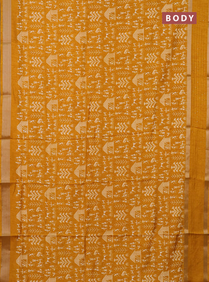 Semi dola saree mustard yellow with allover warli prints and zari woven sequin work border