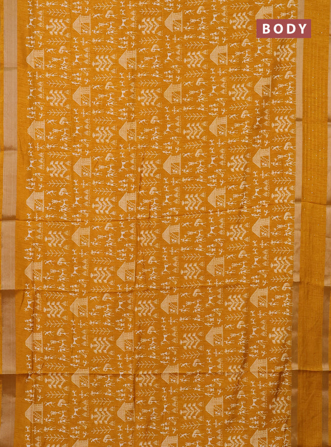 Semi dola saree mustard yellow with allover warli prints and zari woven sequin work border