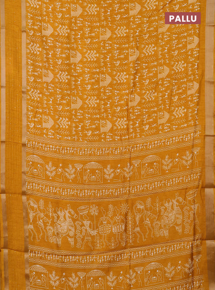 Semi dola saree mustard yellow with allover warli prints and zari woven sequin work border