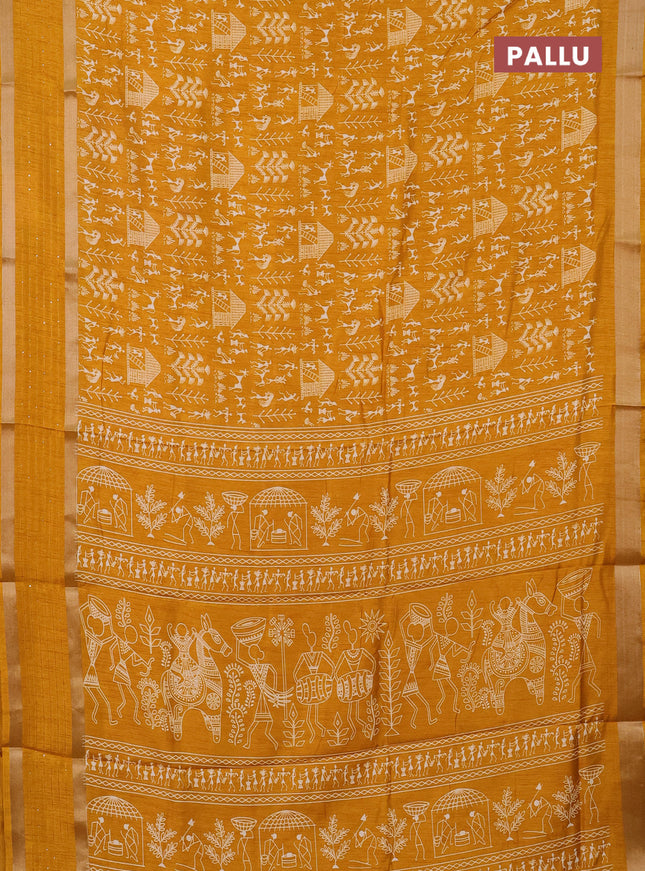 Semi dola saree mustard yellow with allover warli prints and zari woven sequin work border