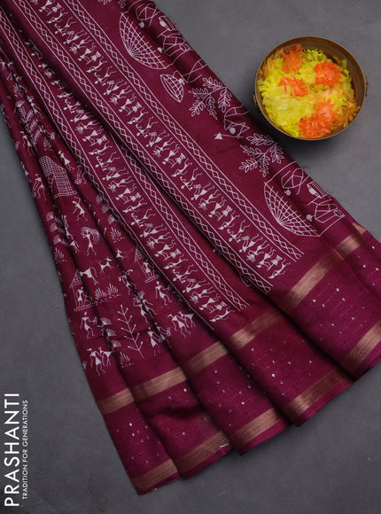 Semi dola saree purple with allover warli prints and zari woven sequin work border