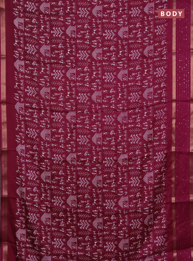 Semi dola saree purple with allover warli prints and zari woven sequin work border