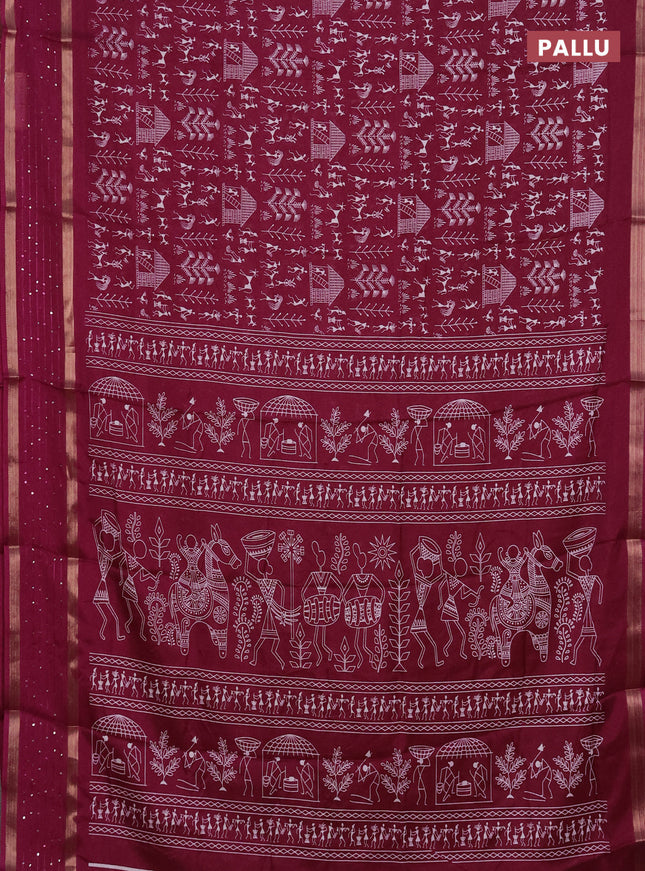 Semi dola saree purple with allover warli prints and zari woven sequin work border