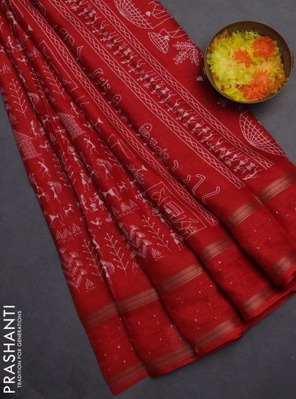 Semi dola saree red with allover warli prints and zari woven sequin work border
