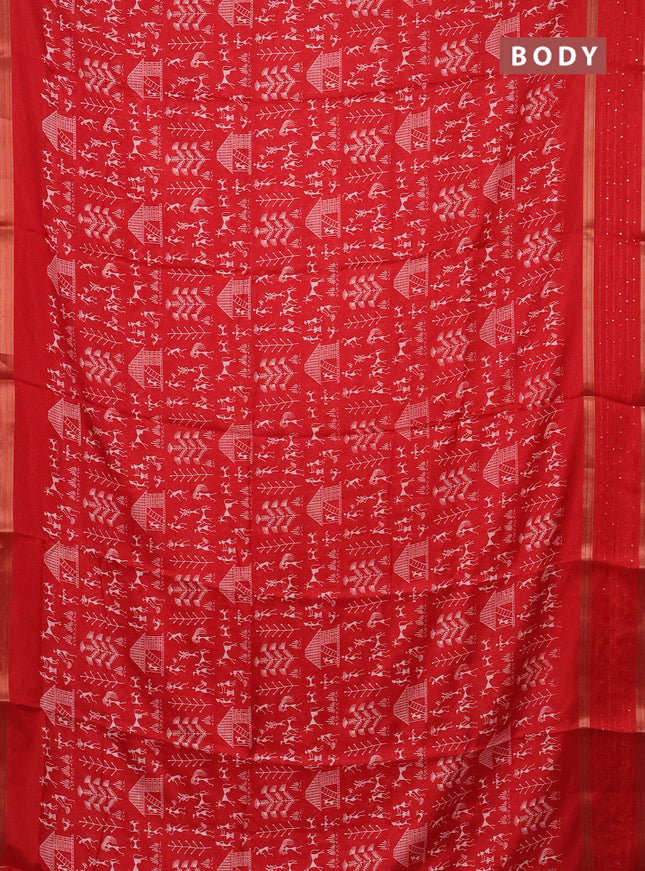 Semi dola saree red with allover warli prints and zari woven sequin work border
