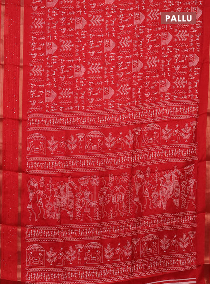 Semi dola saree red with allover warli prints and zari woven sequin work border