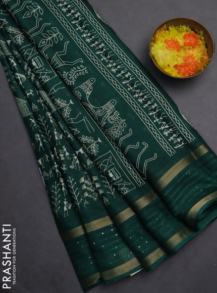 Semi dola saree green with allover warli prints and zari woven sequin work border