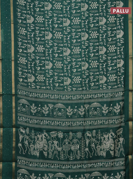 Semi dola saree green with allover warli prints and zari woven sequin work border