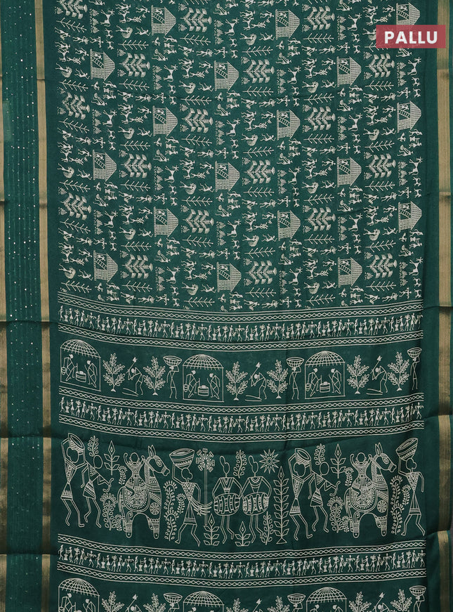 Semi dola saree green with allover warli prints and zari woven sequin work border