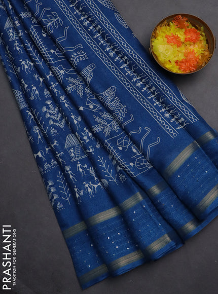 Semi dola saree cs blue with allover warli prints and zari woven sequin work border