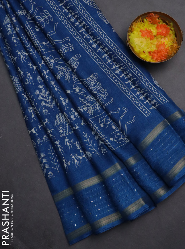 Semi dola saree cs blue with allover warli prints and zari woven sequin work border