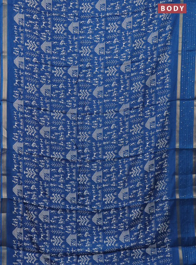 Semi dola saree cs blue with allover warli prints and zari woven sequin work border