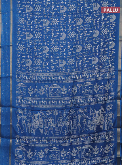 Semi dola saree cs blue with allover warli prints and zari woven sequin work border