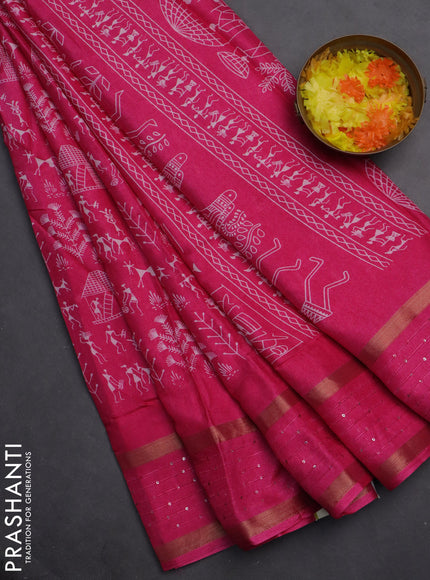 Semi dola saree pink with allover warli prints and zari woven sequin work border