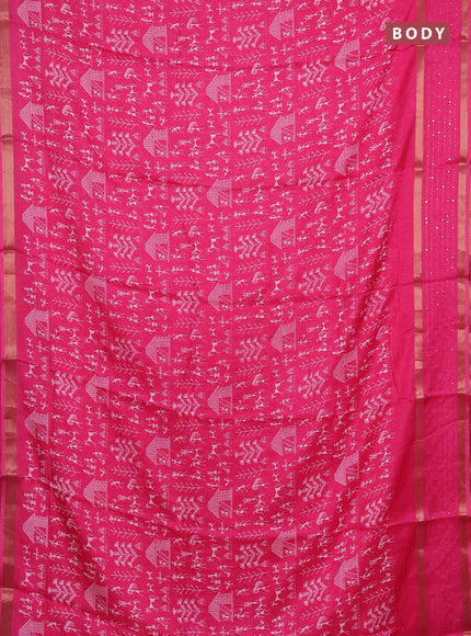 Semi dola saree pink with allover warli prints and zari woven sequin work border