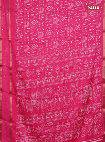 Semi dola saree pink with allover warli prints and zari woven sequin work border