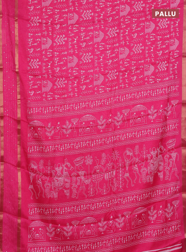 Semi dola saree pink with allover warli prints and zari woven sequin work border