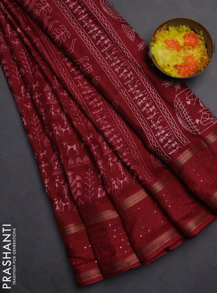 Semi dola saree maroon with allover warli prints and zari woven sequin work border