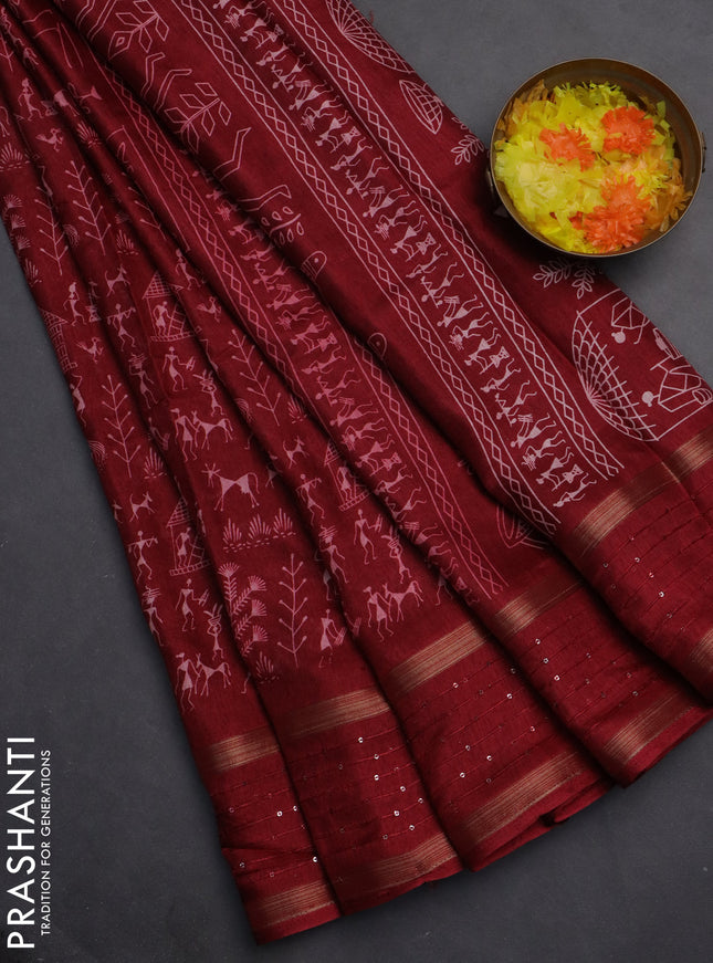 Semi dola saree maroon with allover warli prints and zari woven sequin work border
