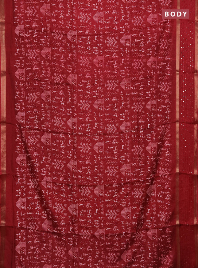 Semi dola saree maroon with allover warli prints and zari woven sequin work border