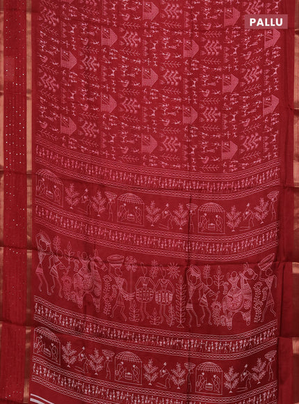 Semi dola saree maroon with allover warli prints and zari woven sequin work border