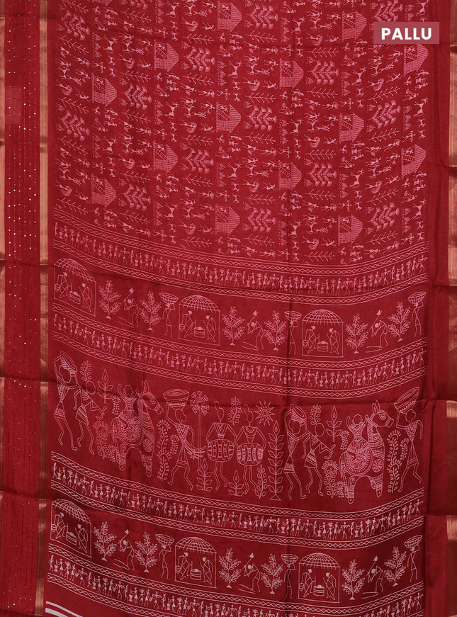 Semi dola saree maroon with allover warli prints and zari woven sequin work border