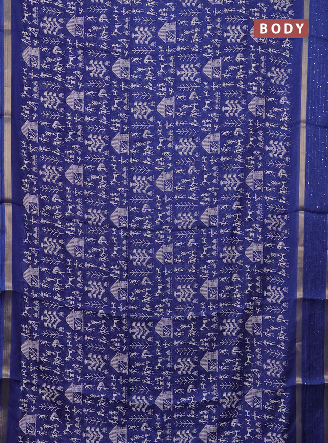 Semi dola saree blue with allover warli prints and zari woven sequin work border