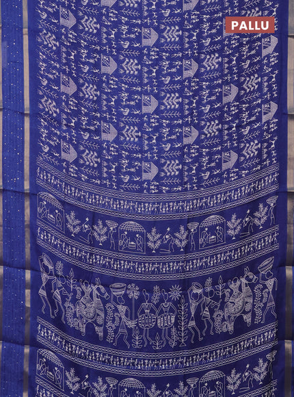 Semi dola saree blue with allover warli prints and zari woven sequin work border