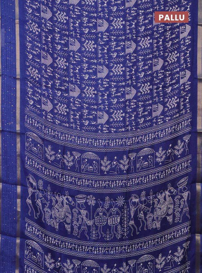 Semi dola saree blue with allover warli prints and zari woven sequin work border
