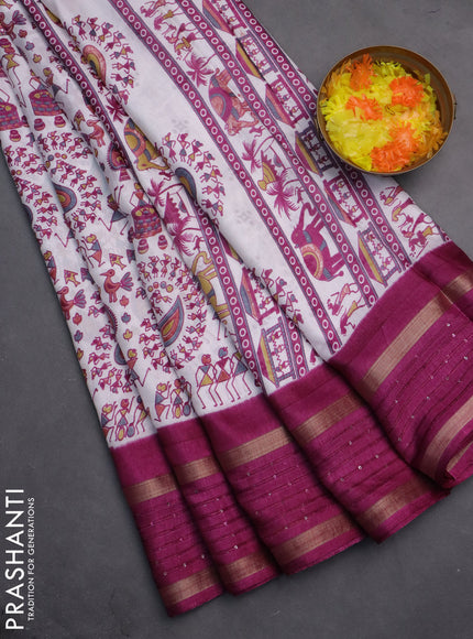 Semi dola saree off white and purple with warli prints and zari woven sequin work border