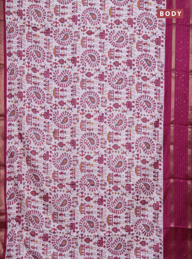 Semi dola saree off white and purple with warli prints and zari woven sequin work border