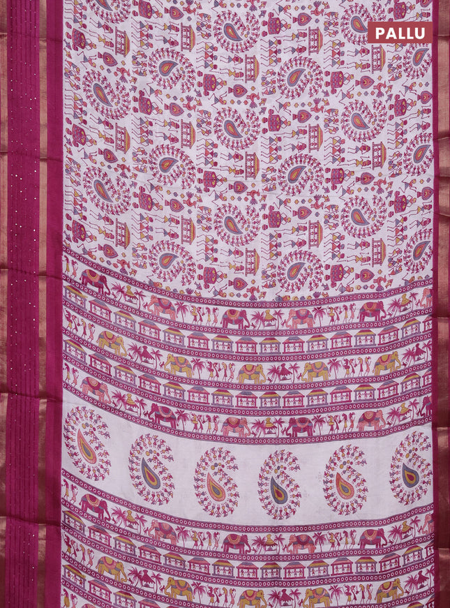 Semi dola saree off white and purple with warli prints and zari woven sequin work border