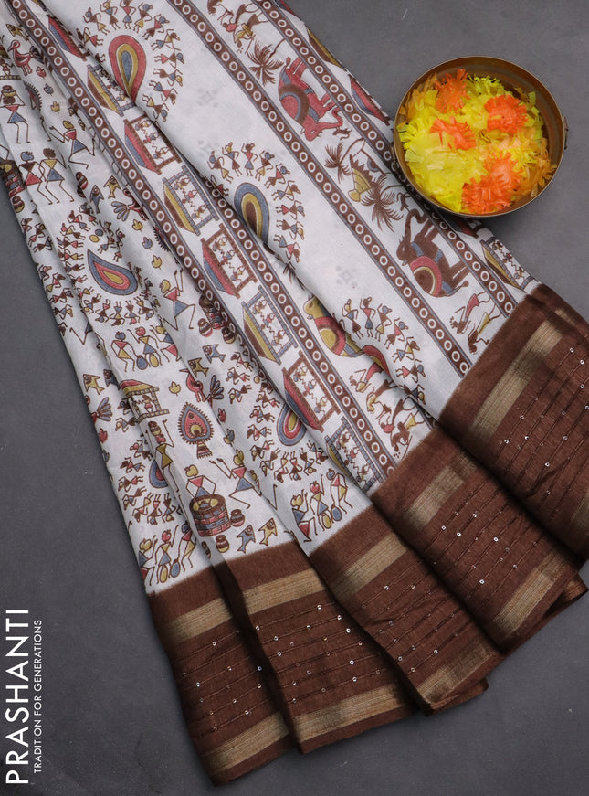 Semi dola saree off white and brown with warli prints and zari woven sequin work border
