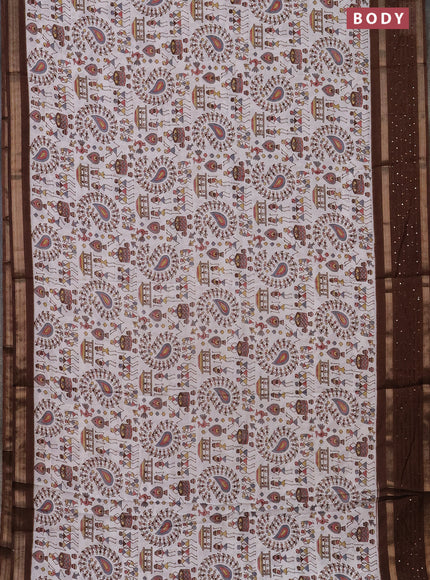 Semi dola saree off white and brown with warli prints and zari woven sequin work border