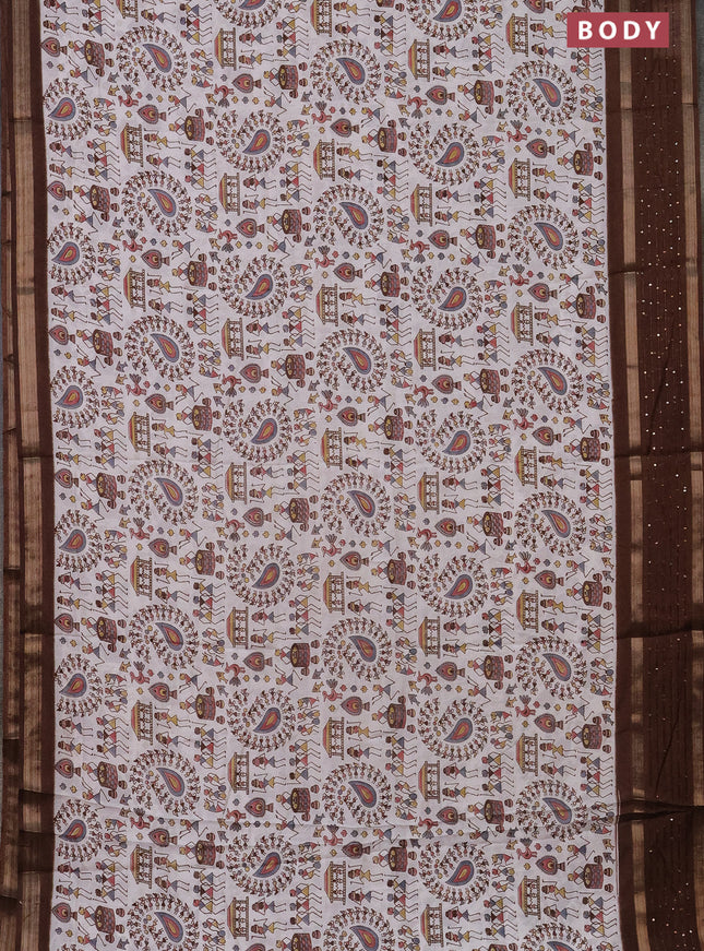 Semi dola saree off white and brown with warli prints and zari woven sequin work border
