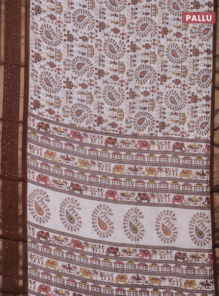 Semi dola saree off white and brown with warli prints and zari woven sequin work border