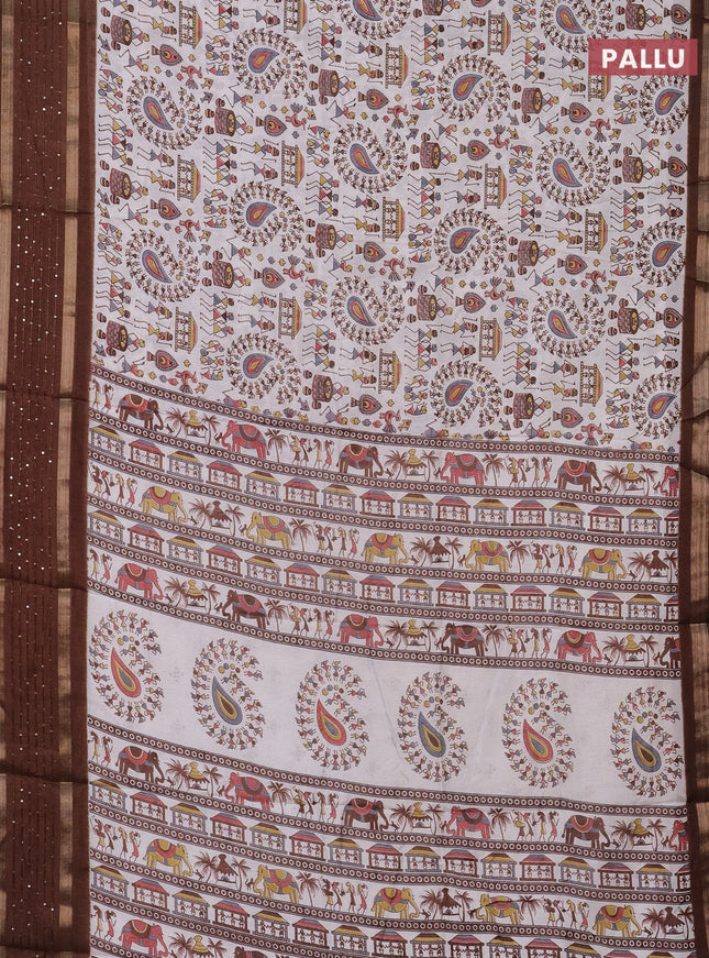 Semi dola saree off white and brown with warli prints and zari woven sequin work border