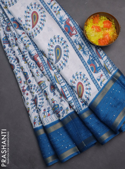 Semi dola saree off white and cs blue with warli prints and zari woven sequin work border